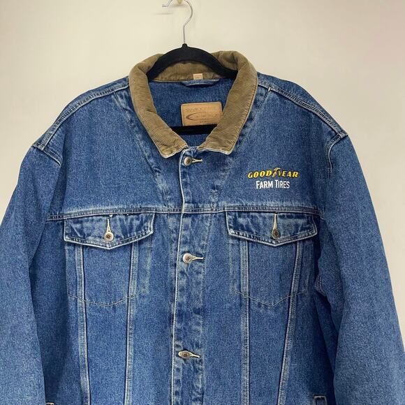 VTG Swingster Flannel‎ Lined Denim Trucker Jacket Mens 2XLT GoodYear Farm Tires - Picture 2 of 8